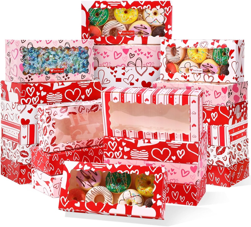 60 Pcs Heart Bakery Treat Boxes Bulk 12" x 5.5" x 2.5" Cupcake & Cookie Containers with Clear Window for Good Chocolate Desserts Red Pink