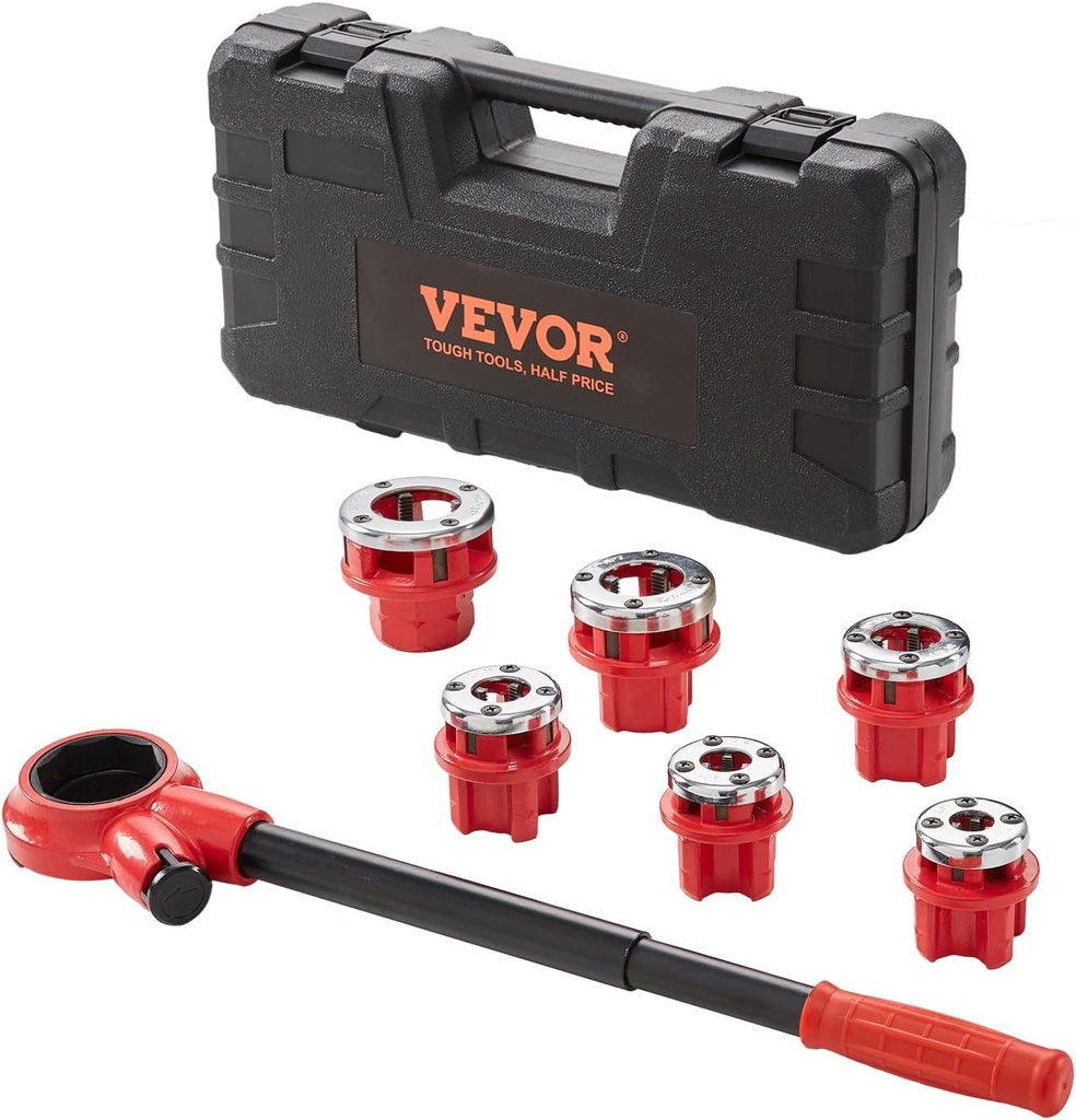 VEVOR Ratchet Pipe Threader Kit with 6 Dies, 1/4" NPT to 1-1/4" NPT Ratcheting Pipe Threading Tool, Portable Pipe Threader Set with Storage Case for Plumbing Installation and Repair