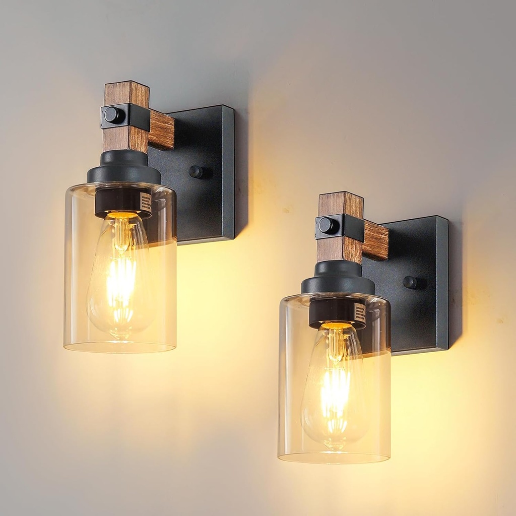 Farmhouse Wall Sconces 2-Pack, Wired Sconces Wall Lighting with Glass Shade, Decor Set of Two for Bedroom Bathroom Livingroom, Round-Wired