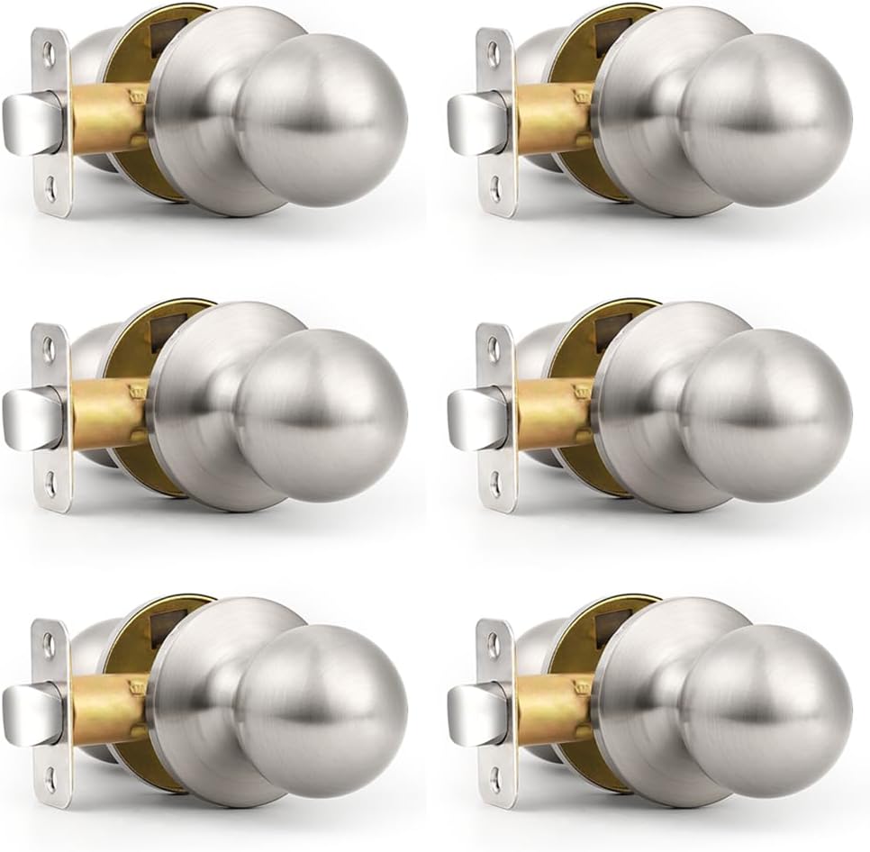 Probrico Interior Passage Door Knobs 6 Pack, Unique Classic Closet/Hallway Door Handles, Brushed Nickel Finish Door Knob Without Key