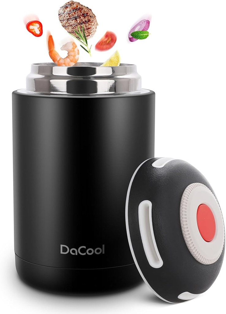 DaCool Insulated Food Jar Thermos for Hot Food 16 oz Vacuum Stainless Steel School Lunch Container for Kids Adult Keep Food Hot Container for Picnic Office Outdoors,BPA Free, Black
