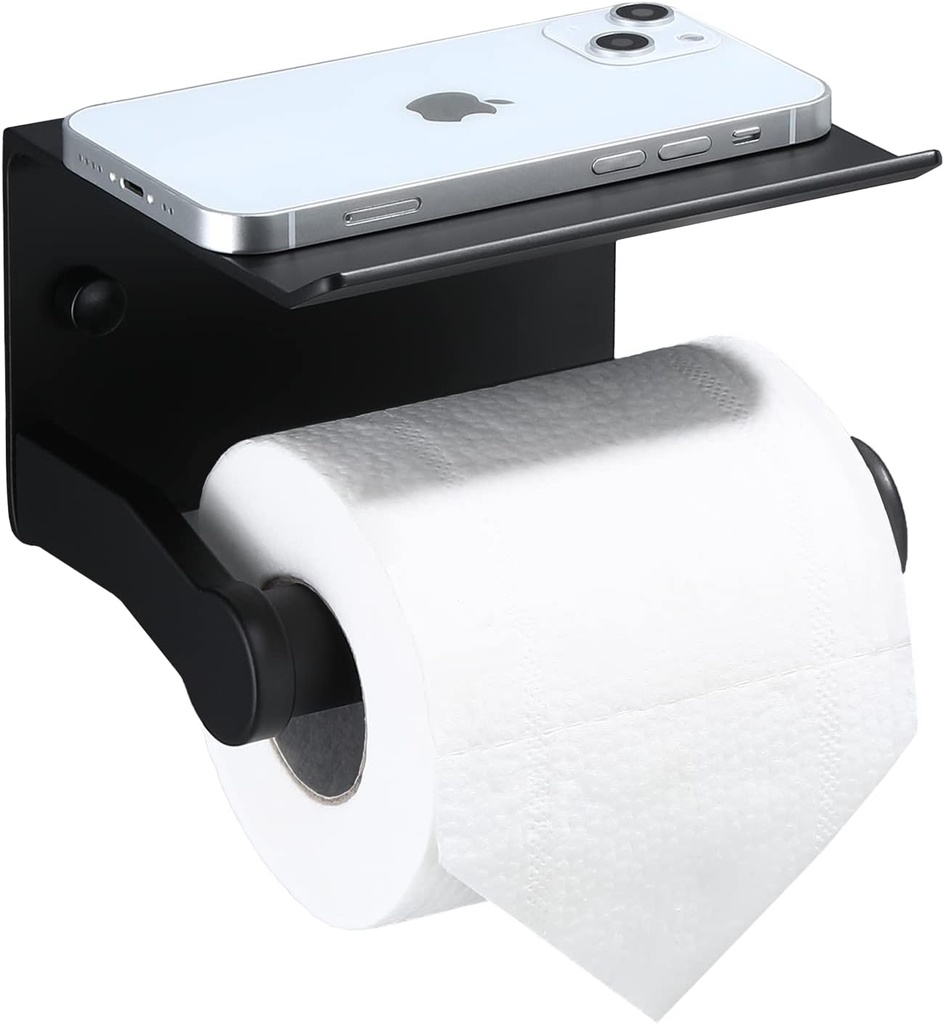 Toilet Paper Holder with Phone Shelf, Self Adhesive Aluminum Tissue Roll Dispenser for Mega Roll, Wall Mounted Toilet Paper Roll Holder for Bathroom, Matte Black