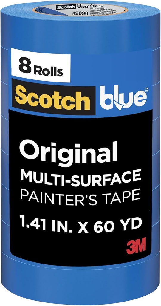 Scotch Painter's Tape Original Multi-Surface Painter's Tape, 1.41 Inches x 60 Yards, 8 Rolls, Blue, Tape Protects Surfaces and Removes Easily, Multi-Surface Painting Tape for Indoor and Outdoor Use