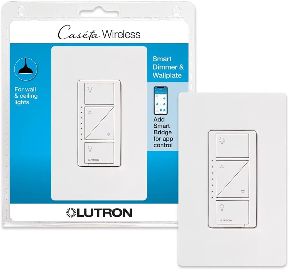 Lutron Caseta Original Smart Dimmer Switch With Wallplate (Lutron Smart Hub Required), for LED Lights, 150 Watt, Single-Pole/3-Way, No Neutral Required, PDW-6WCL-WH-A, White