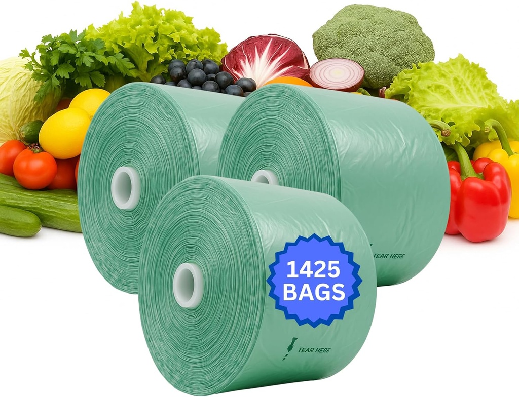 Narrow Profile Produce Bags Roll Green - 1425 Bags - 16"x28" – 3 Rolls - 8 Microns – for Grocery, Small Business, Produce Use, Food & Storage Needs, Garden Fresh, Narrow Profile, Kitchen Use