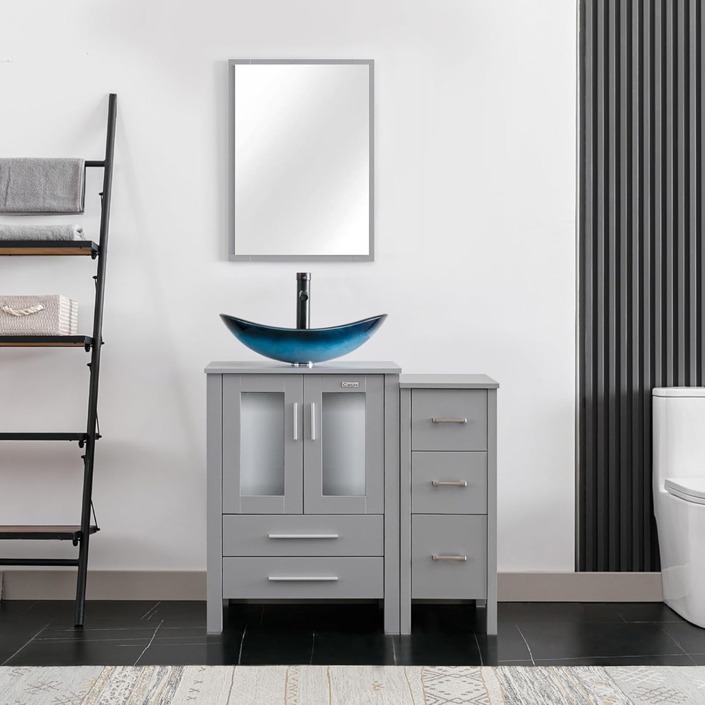 eclife 36" Modern Bathroom Vanity Sink Combo Freestanding Cabinet with Small Side Cabinet, Blue Boat Glass Vessel Sink, Water Save Faucet, Drain (Gray+A29BU)