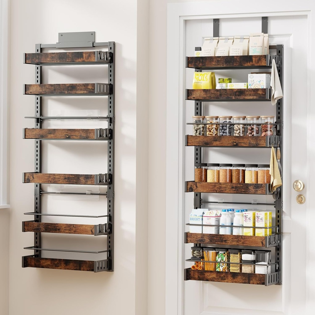 6 Tier Over The Door Pantry Organizer, 2 IN 1 Wall Mount or Metal Hanging Spice Rack for Pantry Organizers and Storage, Seasoning Shelves，Adjustable Basket with Hooks for Kitchen Cabinet and Closet