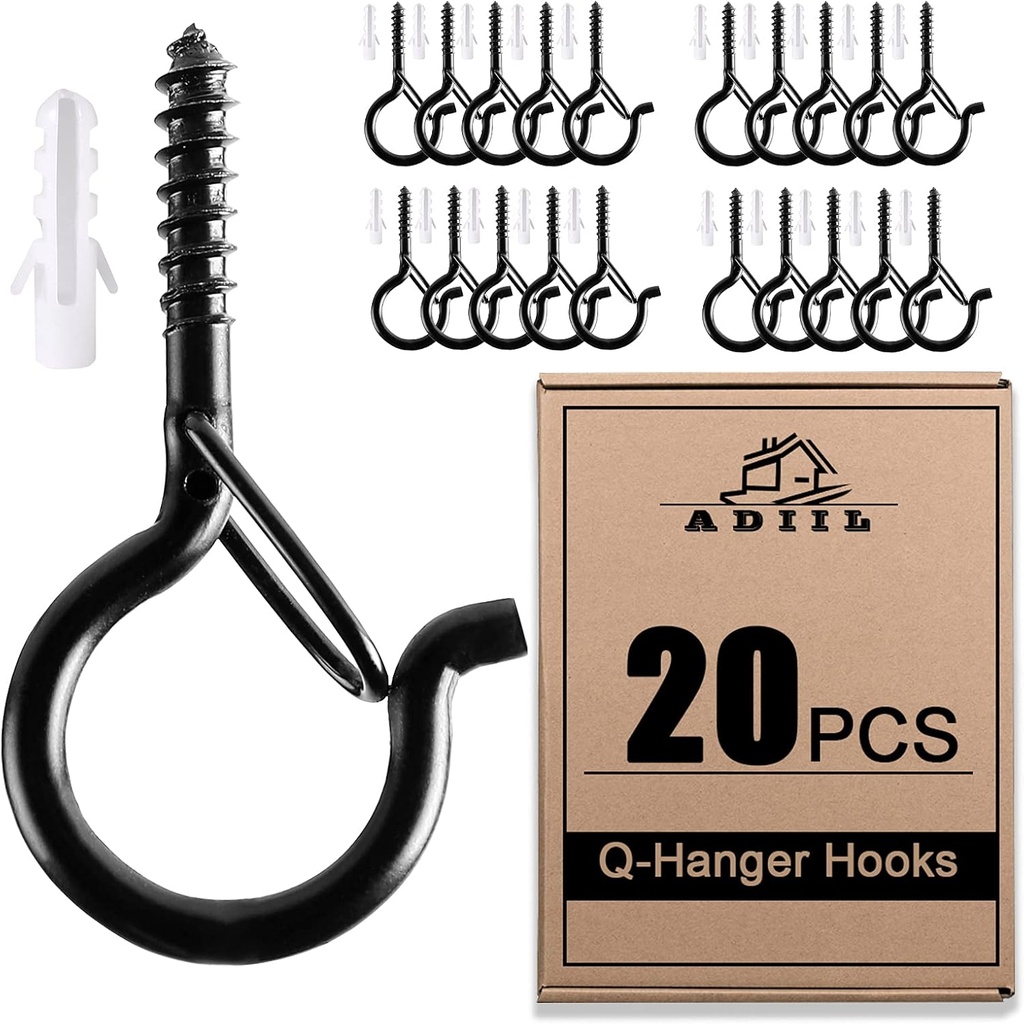 ADIIL 20 PCS Q Hanger Hooks with Safety Buckle, Windproof Screw Hooks for Hanging Outdoor String Lights, Plants, Christmas Patio Lights, 2.2 Inches, Black