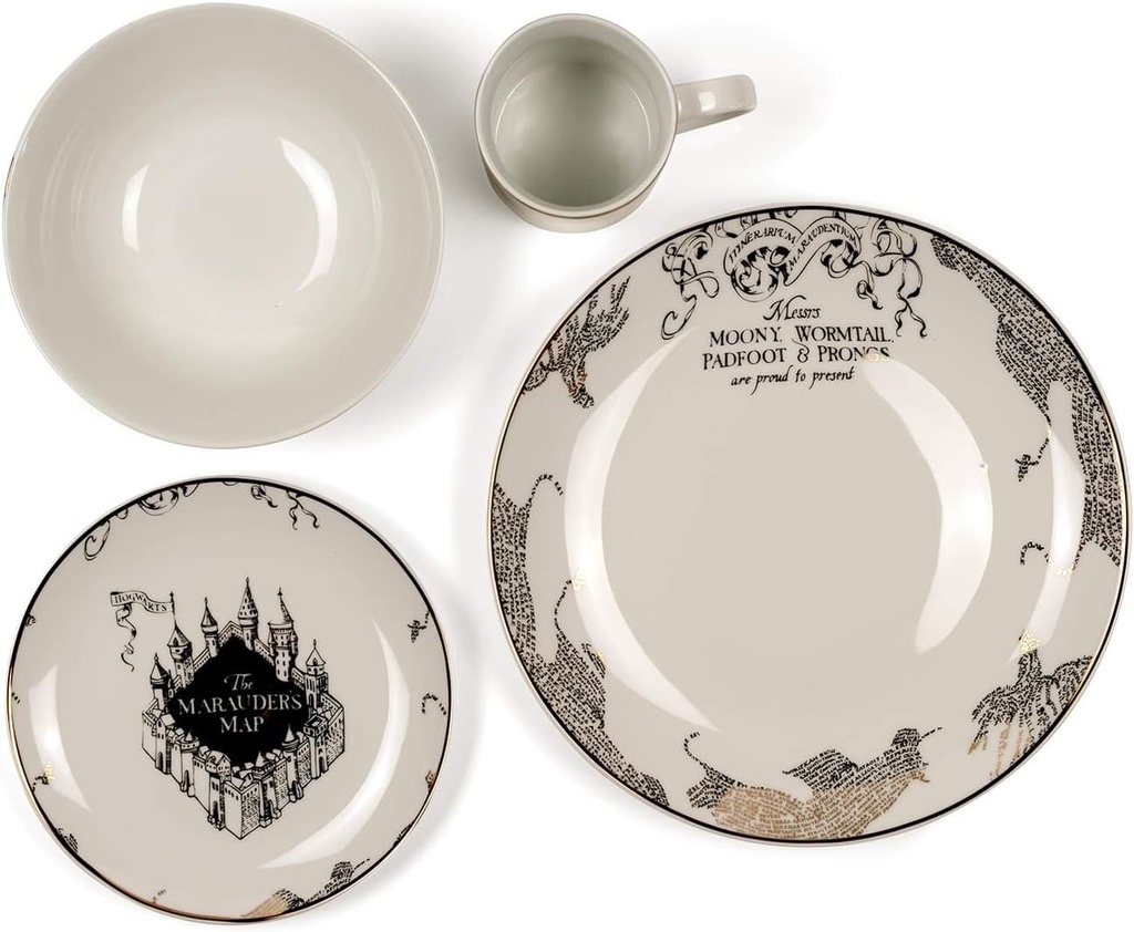 Harry Potter Marauder's Map Porcelain 4 Piece Place Setting - Gold Marauders Map Design - Includes 1 Dinner Plate, 1 Salad Plate, 1 Bowl and 1 Mug - Great Gift for Any Harry Potter Fan