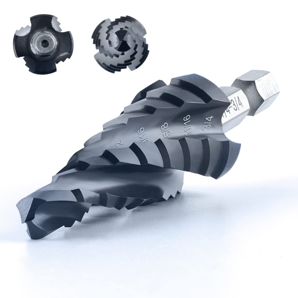 toolant Four Spiral Flute Cobalt Step Drill Bit(Pro), 1/4"-3/4" Impact Ready Unibit Step Drill Bit, 1/4" Hex Shank Step Bits for Metal, Stainless Steel, Aluminum, Plastic