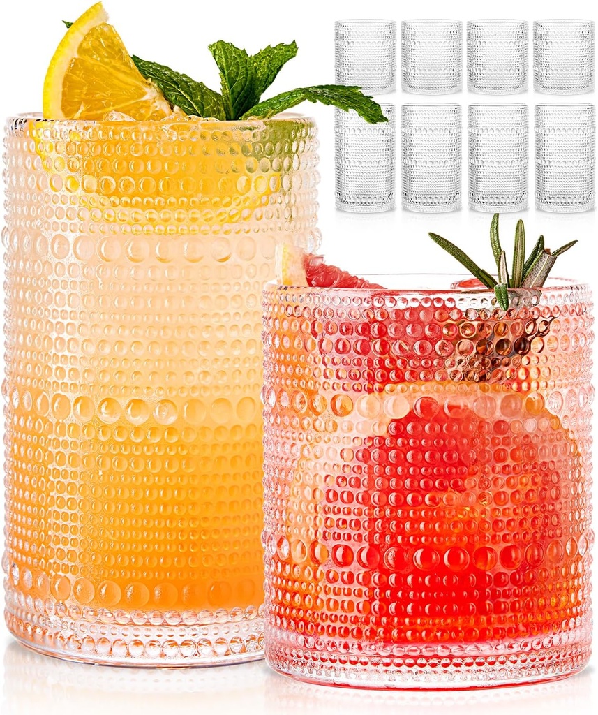 Hobnail Drinking Glasses Set of 8, 4pcs 15oz Clear Glass Cups & 4pcs 12oz Whiskey Glasses,Kitchen Bar Vintage Embossed Glassware Sets for Cocktail,mocktails,Wine, Water & Juice Drinkware
