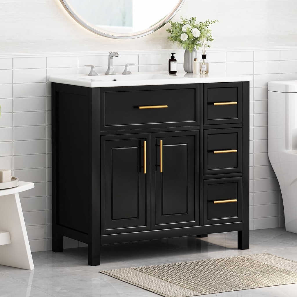 Merax 36" Bathroom Vanities Cabinet with Undermount Left-Located Sink, Three Drawers and Two Doors, Solid Wood & MDF Board, Black