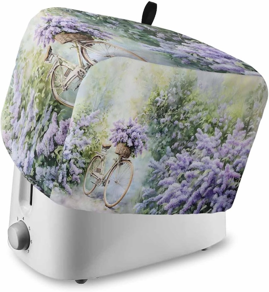 Purple Lavender Small Toaster Cover 2 Slice, Kitchen Appliance Covers with Pocket & Loop, Floral Pastoral Country Bike Farmhouse Bread Machine Covers Dust & Fingerprint Protection