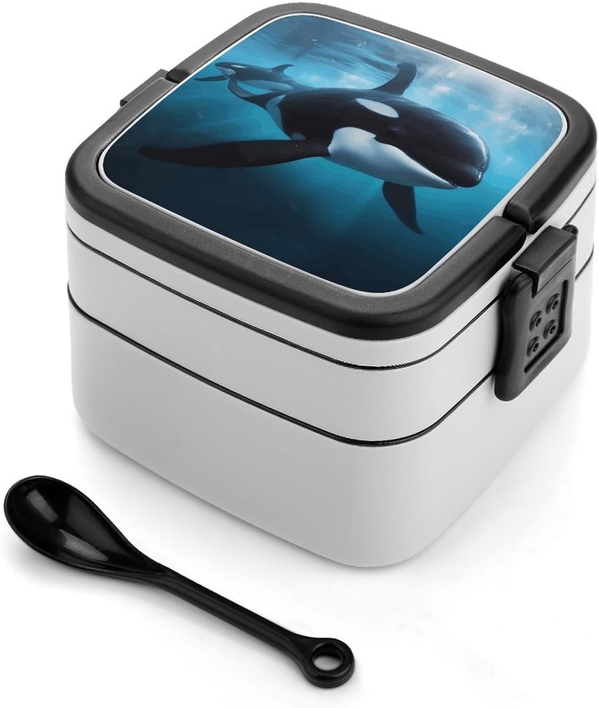 Stackable Double-Layer Bento Box Killer Whale Adults Lunchbox with Spoon Cute Japanese Bento Box Dishwasher Safe for Work Travel Dining Outc