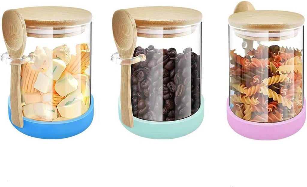 Glass Jars with Bamboo Lids and Spoons, 18.26 oz Borosilicate Glass Jars Containers, Airtight Clear Food Storage Canister for Cookie, Candy, Coffee Bean, Sugar, Matcha Tea, Spices, Dry Goods (3 Pack)