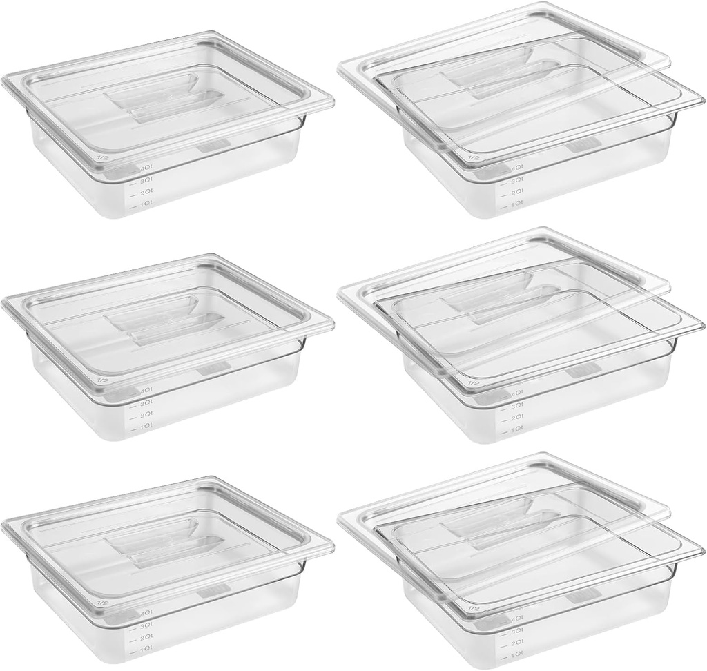 6 Pack 1/2 Size 4'' Deep Clear Food Pans with Lids, Commercial Food Pans Polycarbonate Transparent Food Storage Containers, Stackable Plastic Pan with Capacity Scale, Restaurant Supplies Hotel Pan