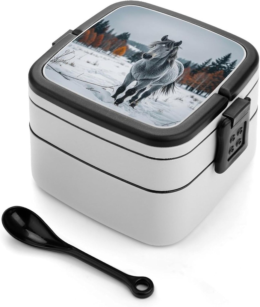Adult Double-Layer Bento Box Portable Gray Horse in Winter Landscape Snowy Wilderness Lunchbox 1 L Capacity Leak-Proof Bento Box Microwave-Safe Food Container with Spoon And Hidden Handle