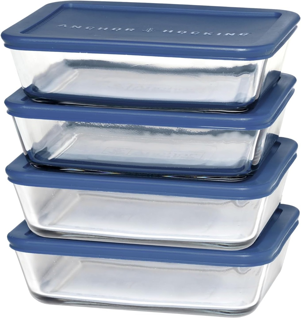 Anchor Hocking SnugFitTM Rectangular Food Storage Containers with Lids (4-Piece, 6-cup, Navy Blue, oven-safe)