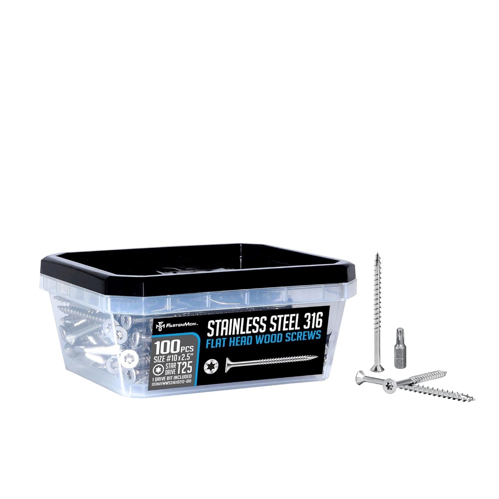 FastenMon #10 x 2-1/2" Marine Grade Type 316 Stainless Steel Wood Screws - 100 Pack with T25 Bit – Torx Flat Head Type 17 Point Ideal for Decks, Fences, and Coastal Construction