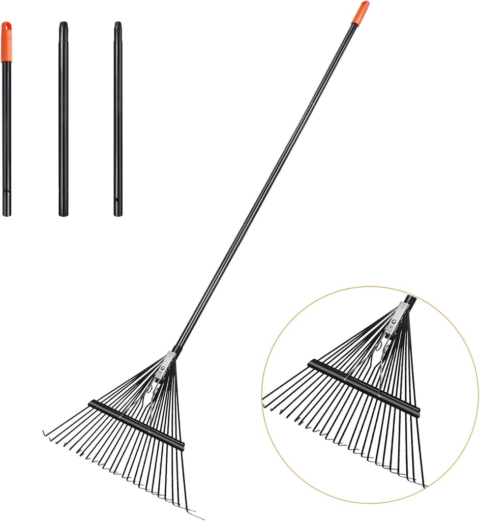 46 HRC Steel Gardening Leaf Rake, 24 Tines 23.2" Wide,Adjustable Split Long Handle 33-67",Suitable for Raking Leaves and Lawn Tidying,Garden rake and thatch rake Suitable for Adults