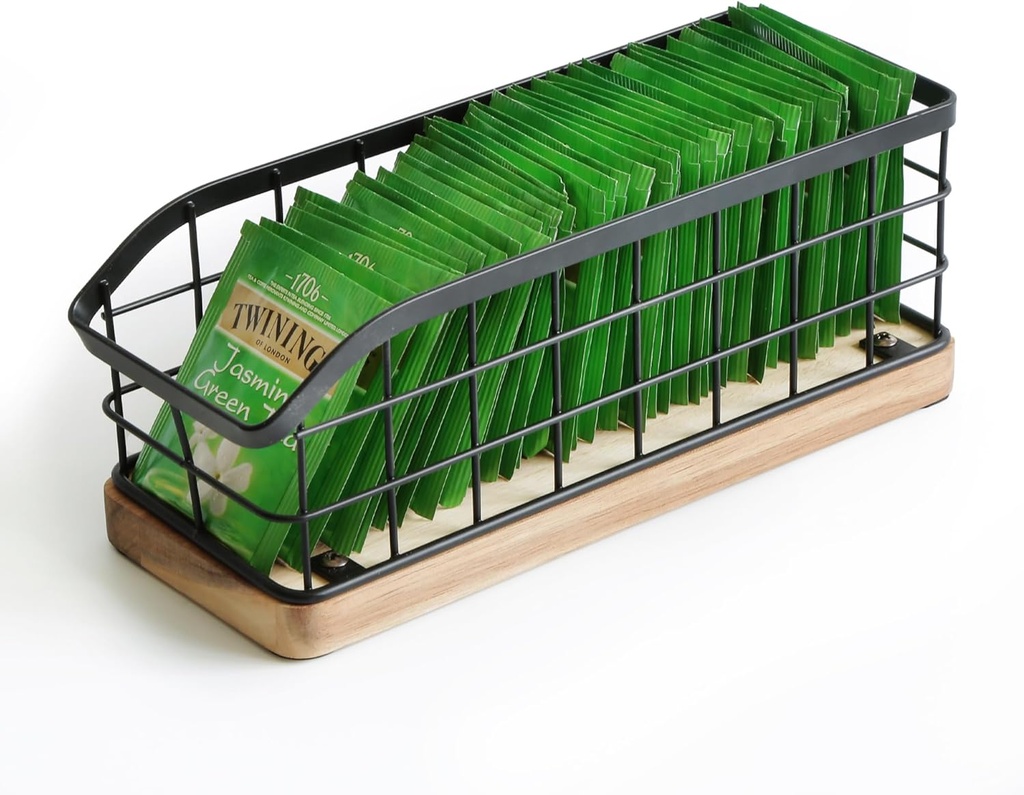 Tea Bag Organizer,Iron Wire Basket with Wooden Base.Tea Storage Containers with 3 Slots,Sugar Packet,Tea Bar Accessories for Countertop Cabinet Drawer. (WOOD,VERTICAL)