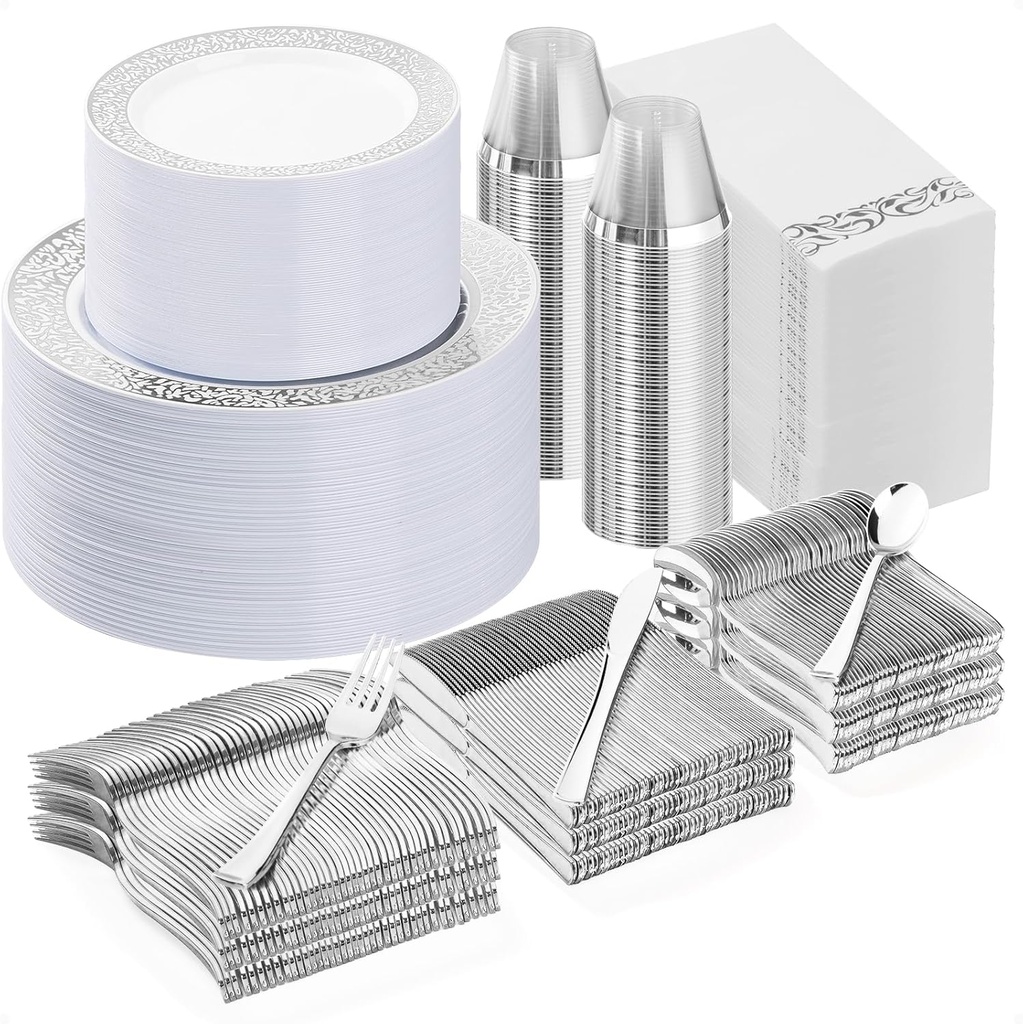700PCS Silver Plastic Dinnerware Set for 100 Guests, Disposable Plates for Party, Include 100 Dinner Plates, 100 Dessert Plates, 100 Set Silver Silverware, 100 Cups, 100 Napkins