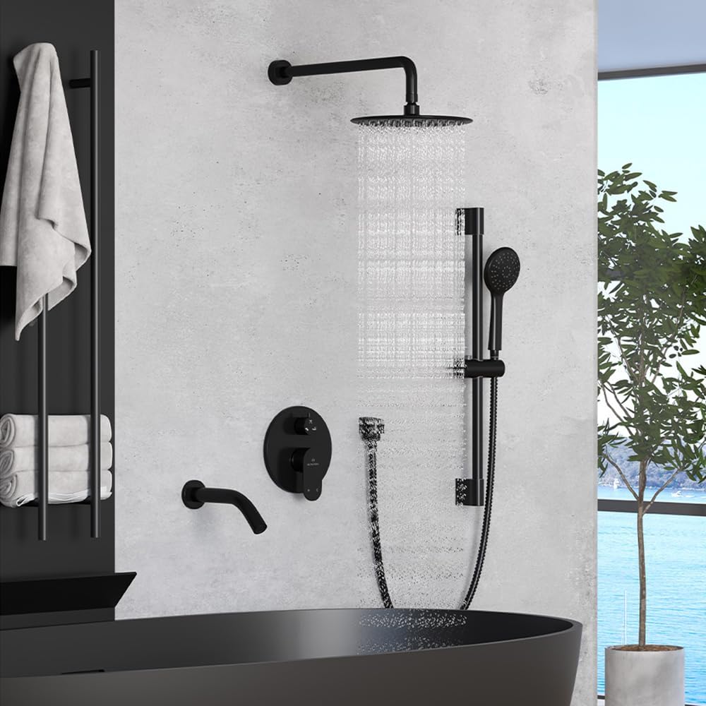 MONDAWE 9 Inch Wall Mounted Shower Faucet Set with Tub Spout in Matte Black, Rainfall Shower Head with 3-Setting Handheld Spray Shower Combo, High Pressure Shower System with Solid Brass Valve