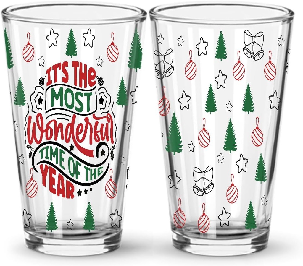 Christmas Pint Glasses, Holiday 16oz Printed Pint Glass (2, Most Wonderful)