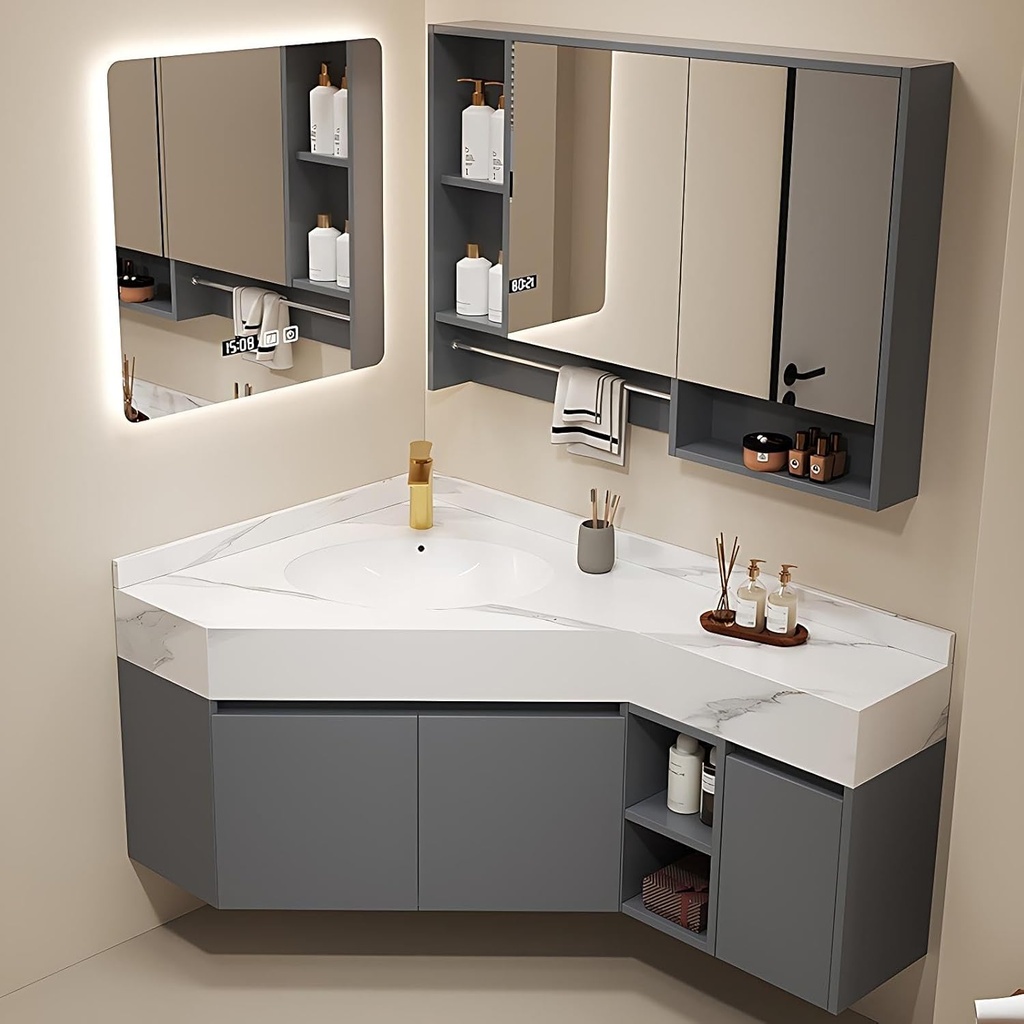 50" Corner Bathroom Vanity with Sink - Modern Bathroom Sink Cabinet, Floating Vanity with Smart Demisting Mirror & Mirror Cabinet Combination - Complete Accessories, Gray Right countertop