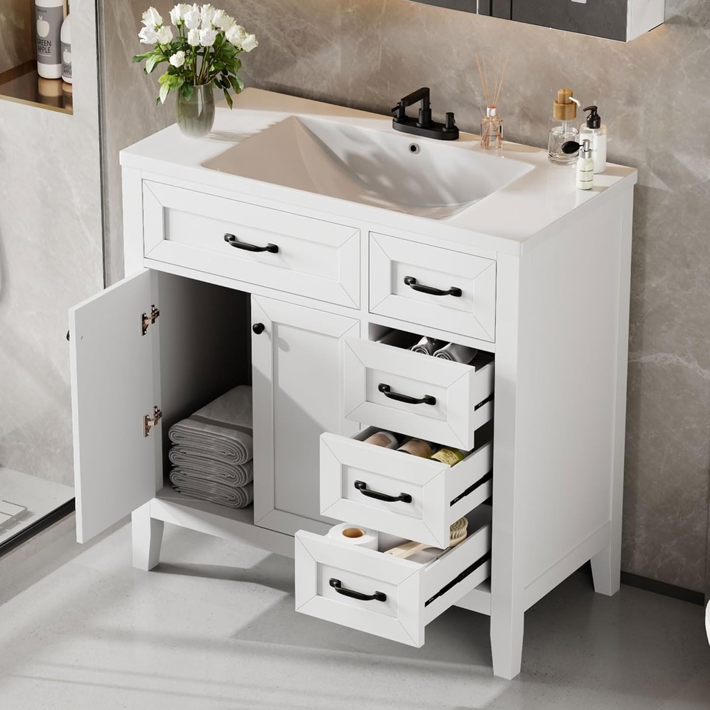 36" Bathroom Vanities with Undermount Sink, Storage Cabinet with Three Drawers, Modern Style, Soft-Closing Door, Solid Wood Legs, White