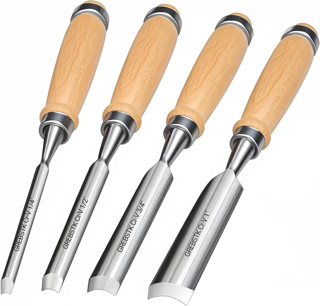 GREBSTK 4pcs Semicircle Chisel Set Carpenter Gouge Chrome Vanadium Steel Semi-Circular Cr-V Woodworking Carving Chisel