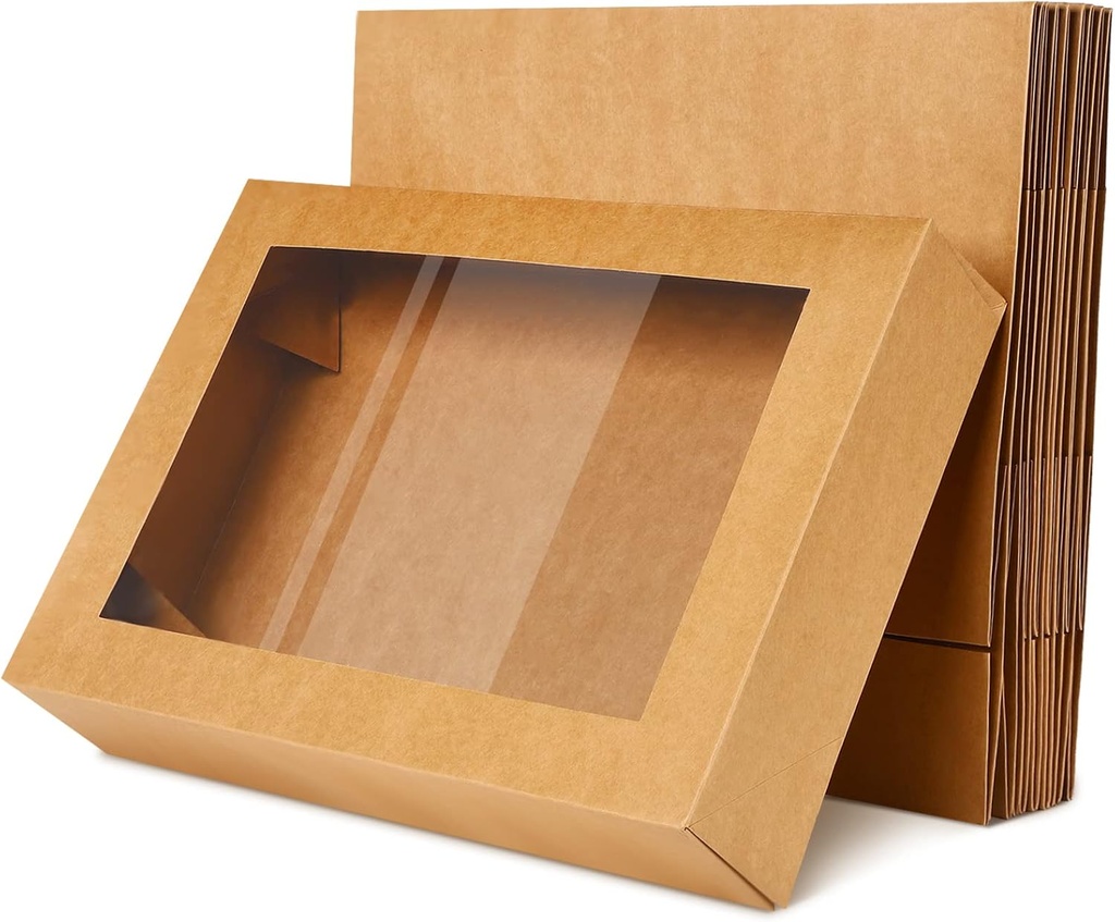 Cake Box Paperboard Window Bakery Box Large Pastry Baking Rectangle Cardboard Treat Boxes with Window Bakery Take out Containers for Cookie Cupcake Pie 19 x 14 x 4 Inch (Brown,10 Pack)