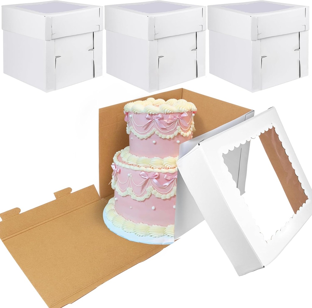 KEEPARTY 4PCS White Tall Cake Boxes 16x16x14inch with Window White Disposable Baking Box Container Wedding Cake Carrier