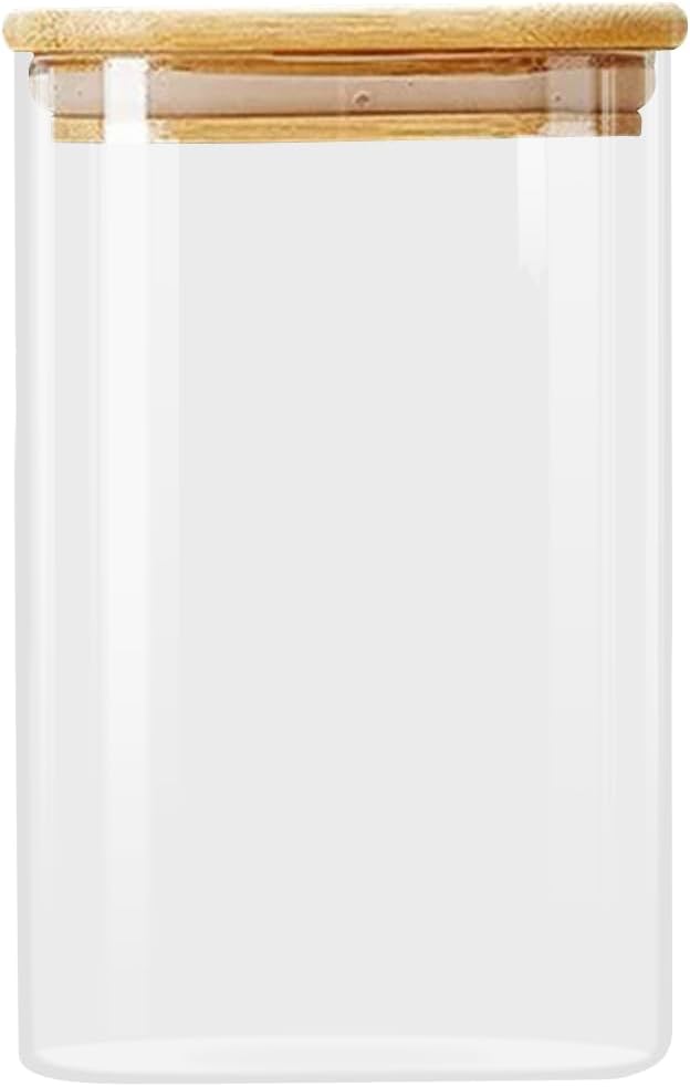 Glass Storage Container, 1200ml Square Kitchen Storage Jars with Bamboo Lid for Coffee Beans Flour Cookie Cereal Spice, Brown Clear