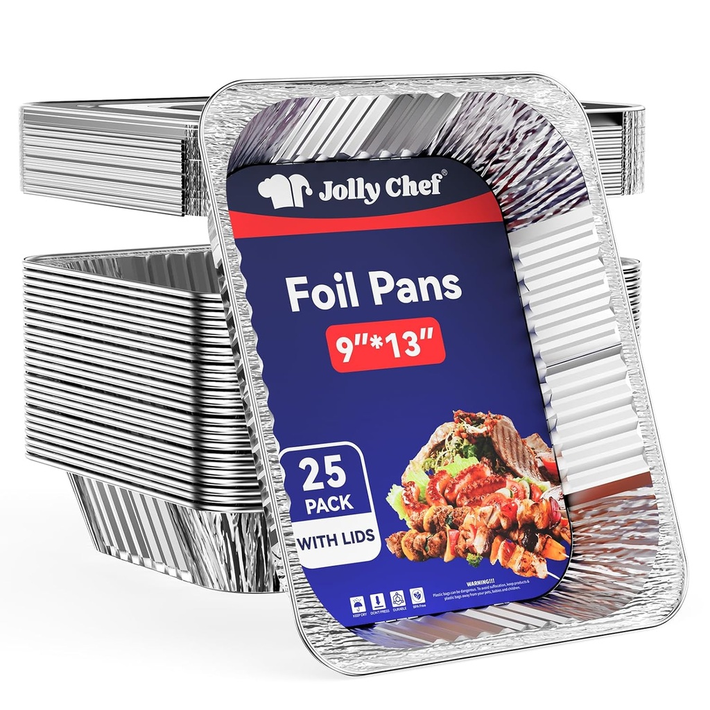 JOLLY CHEF 9x13 Aluminum Pans With Lids (25 Pack)- Disposable Foil Food Containers with Lids for Cooking, Heating, Storing, Prepping Food- Thanksgiving, Christmas, Parties