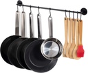 Wallniture 24" Gourmet Kitchen Rail for with 10 S Hooks for Hanging Utensils, Pot Pan Lid Rack Storage Organizer Set, Steel, Black