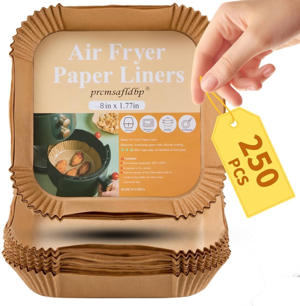 250 Pcs 8 Inch Square Air Fryer Liners Disposable for Home Bakers - Thickened Air Fryer Liners - Withstands up to 450°F Heat - for Air Fryer 5 to 8 Qt