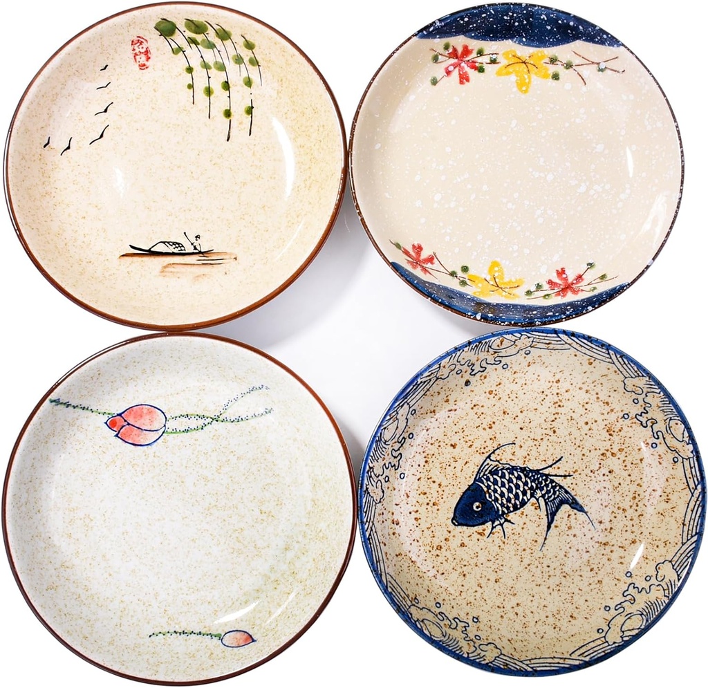 7 Inch Japanese Retro Ceramic Dinner Plates Set of 4 Asian-Inspired Dinnerware with Unique Hand-Painted Patterns, Microwave & Dishwasher Safe