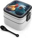 Bento Lunch Box for Women Lunch Containers for Adults Chicken Pattern Double Layered Lunchbox Large Capacity Bento Box with Cutlery for Work Picnic Camping Travel