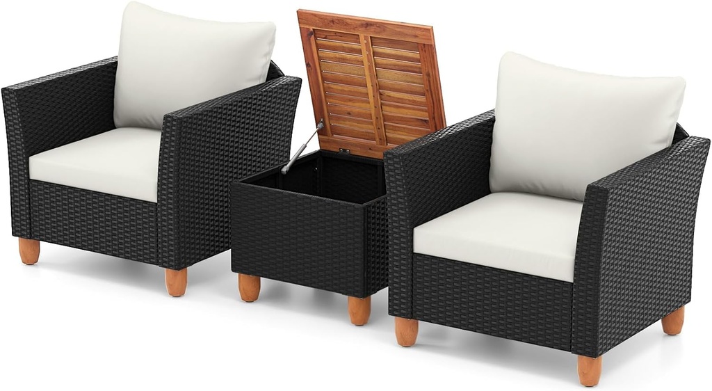 Tangkula 3 Pieces Patio Porch Furniture Set, PE Rattan Wicker Chair Conversation Set with Cushions and Storage Table, Outdoor Acacia Wood Bistro Set for Garden, Poolside (White)