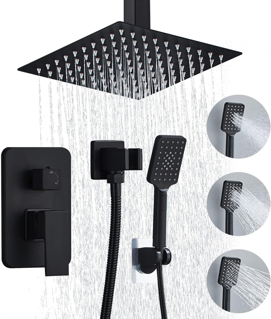 8 Inch Shower Faucet Set Ceiling Mount, High Pressure Rainfall Shower System Square Rain Shower Head with Handheld Spray Combo, Ceiling Luxury Rainfall Shower Fixtures Matte Black (3-Setting)