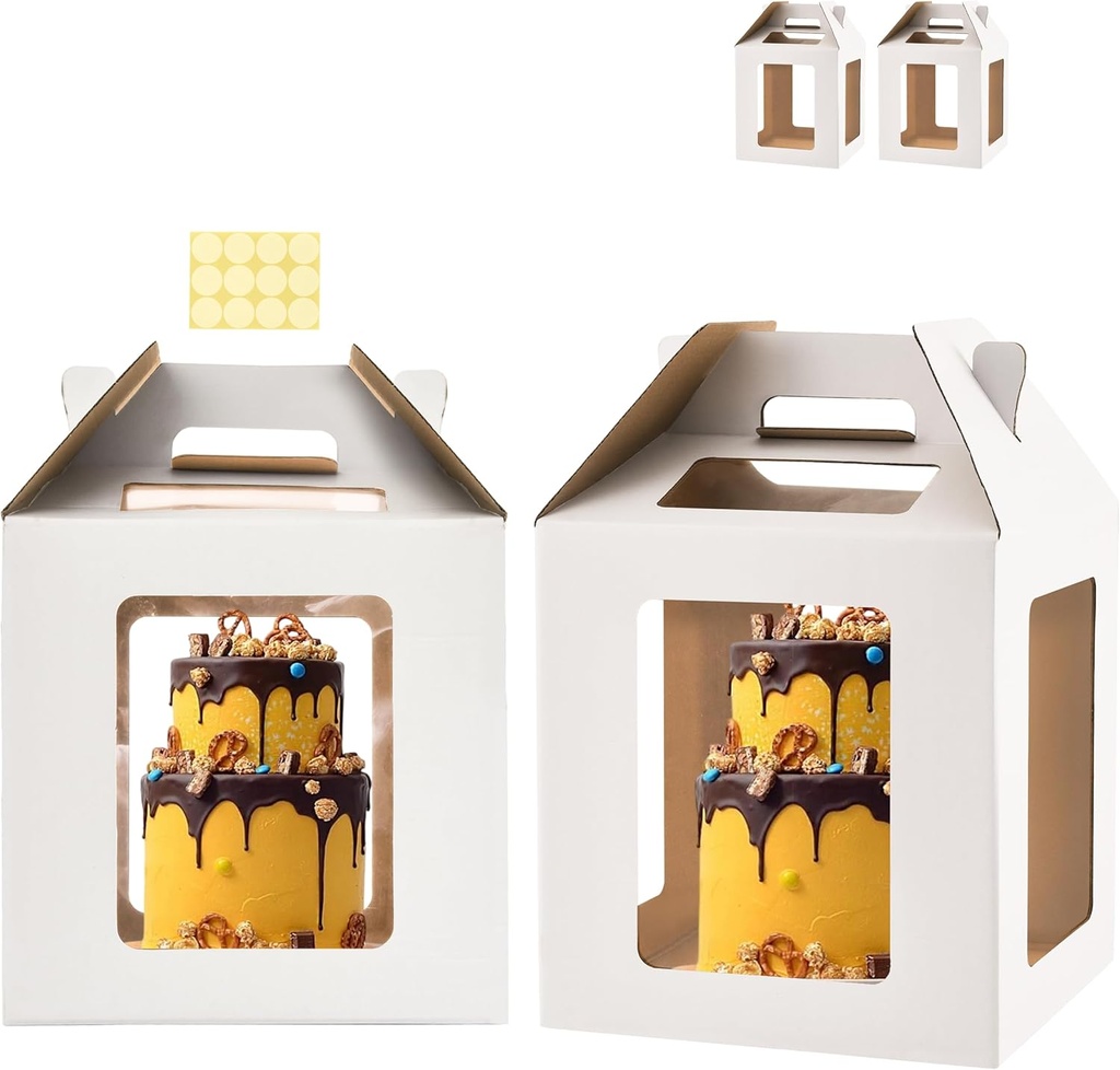 Tall Cake Boxes 6 Windows with handle,12x12x12 Tall Cake Carrier, Tiered Cake Box, Square cake box,largeTake Out Transport Containers Ideal for 10" & 12" Tiered Cakes (2Pack-White)