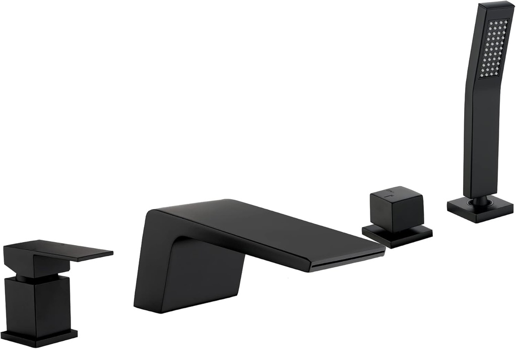 SHAMANDA Deck Mount Roman Tub Faucet with Sprayer Waterfall Tub Filler with Hand Shower, Single Handle Bathtub Faucet Set with Handheld Shower Head, Valve and Trim Included, Matte Black, LD10-7