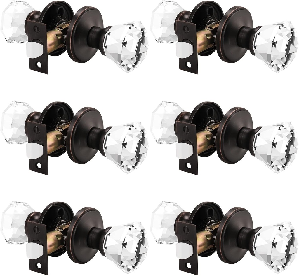 Orger Crystal Passage Door Knobs with Faceted Diamond Shape, Interior Non-Locking Door Hardware for Hallway/Closet, Classic Glass Door Handle with Oil Rubbed Bronze Rosette, 6 Pack