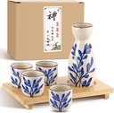 Skyley Japanese Sake Set with Tray Traditional Saki Cups Set Korean Soju Glass Ceramic Japanese Gifts for Cold Wine Holiday Christmas Gifts(Blue and White,Plant)