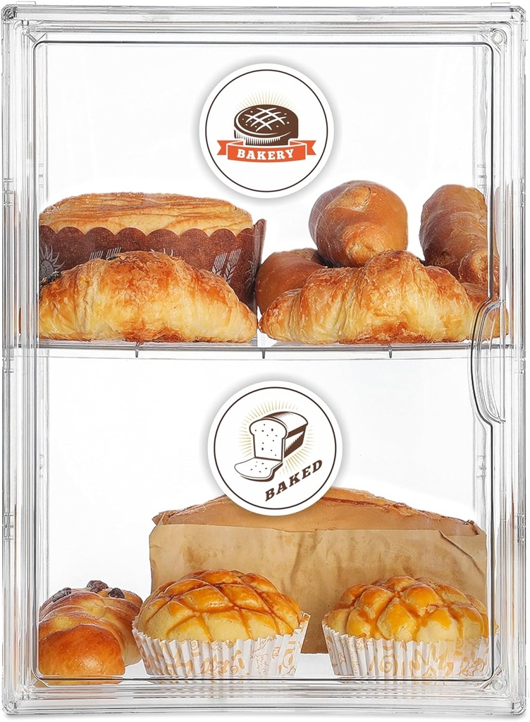 Large Bread Box for Kitchen Countertop, Pantry Organizers and Storage - Clear Loaf Bread Storage Container, Double Layer Bread Boxes for Kitchen Counter, Bread Keeper for Homemade Bread