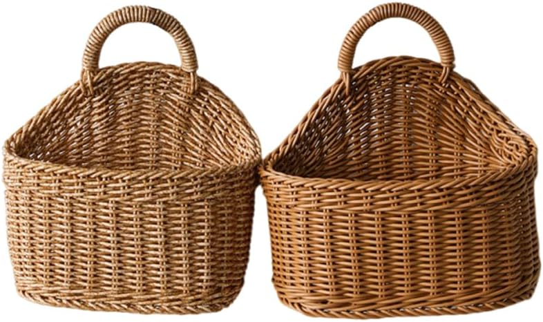 2 Pcs Woven Wall Hanging Baskets for Kitchen,Small Size Boho Style Handmade Hanging Vegetable Fruit Storage Basket with Handle,Wall Decorative Flower Baskets,Home Office Walls Storage Bins