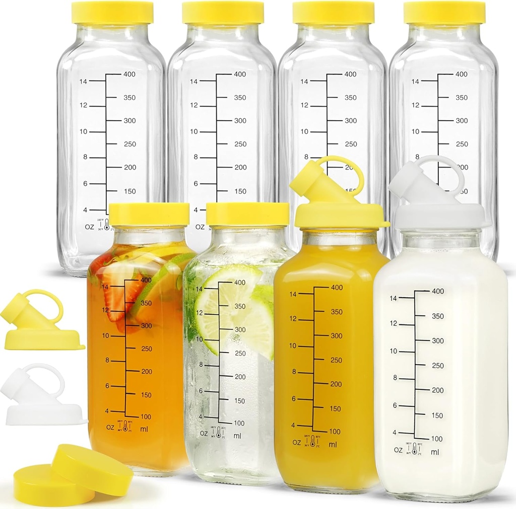 16 oz Reusable Glass Juice Bottles with Airtight Lid, Glass Pitchers with Pour Dispenser, Milk Storage Containers for Fridge, Water Bottles for Travel [8 Pack]