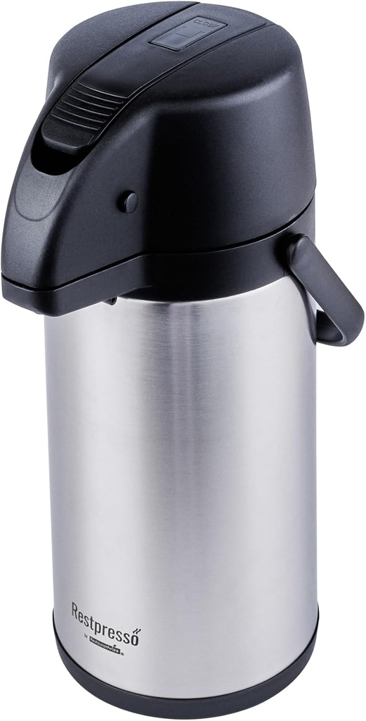 Restaurantware-Restpresso 3 Liter Vacuum Insulated Airpot Coffee Dispenser, 1 Double Walled Coffee Decanter - 12 Hour Heat Retention, Pump Lever, Silver Stainless Steel Airpot Thermal Carafe