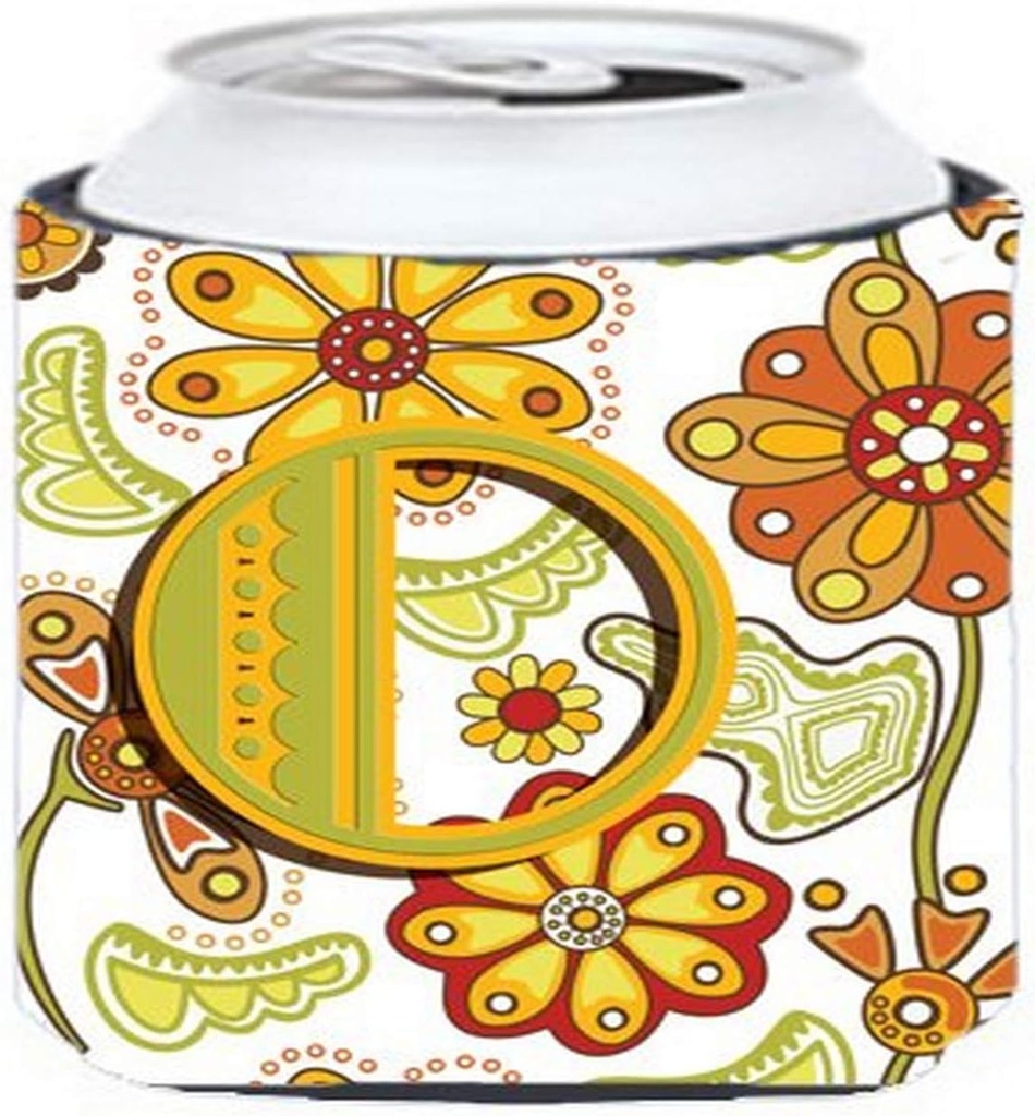 Caroline's Treasures CJ2003-OCC Letter O Floral Mustard and Green Can or Bottle Hugger Cooler Washable Drink Sleeve Collapsible Beverage Insulated Holder, Can Hugger, Multicolor